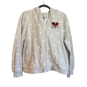 Disney Sz L Minnie Mouse Gray White Polka Dots Zip Hoodie Hand Pockets | EUC